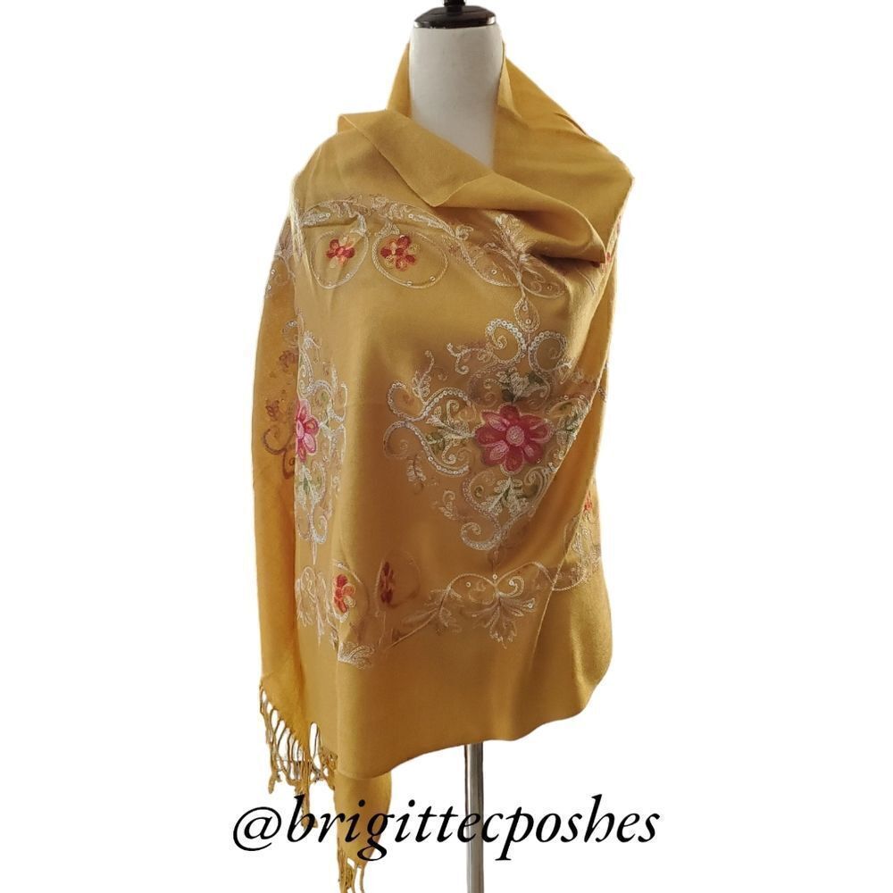 HANDMADE Embroidered Sequined Designed Mustard Shawl
